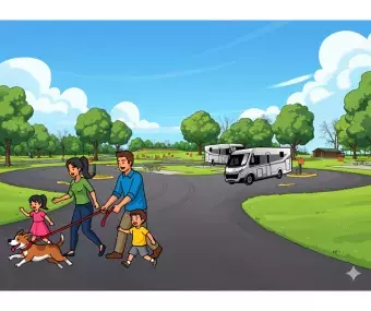 An AI generated cartoon image of a four-camper group campsite, with two campers parked in the loop and a family walking a dog.