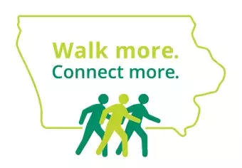 Logo for Walk More Connect More:  three figures walking across an outline of the state of Iowa