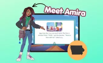 A brown-skinned young woman pointing to a computer screen with text that says Meet Amira.