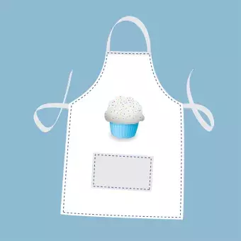 image of white apron with cupcake on blue background