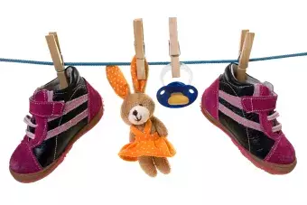 Baby items hanging on a cord