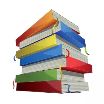 pile of books, different colors stacked on top of each other