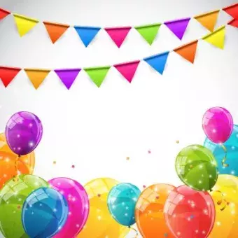 Colorful glossy balloons and a banner