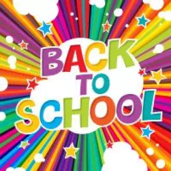 back to school with stars and clouds around in colorful streaks