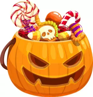 Halloween pumpkin basket full of candies and treats