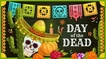 Day of the Dead Mexican sugar skull with sombrero vector greeting card, marigold flowers, candle, and banner