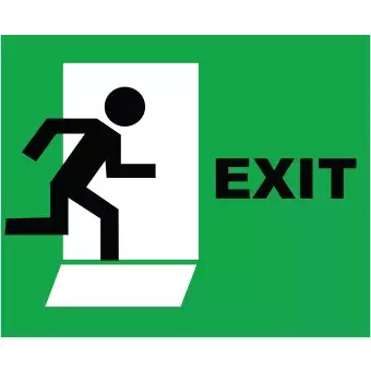 man running out door that says exit