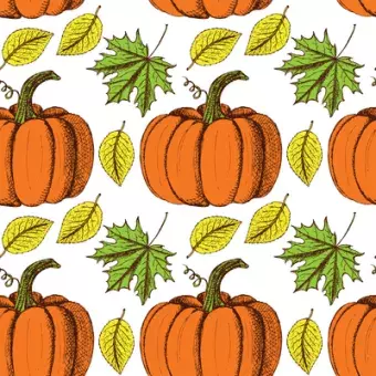 Sketch Thanksgiving seamless pattern in vintage style, vector. Pumpkin and leaves