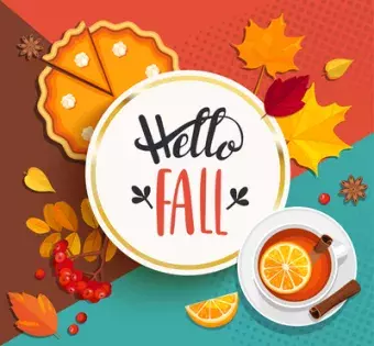 This is a picture that says Hello Fall and leaves and apples and pumpkin pie