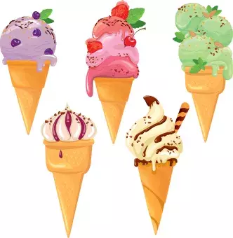Set of ice cream cones with glaze, chocolate, strawberry, blueberry and cherry.