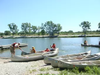 Kayaks collecting along the shore
