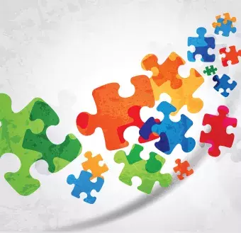 colorful puzzle pieces (yellow, green, orange, red, blue)