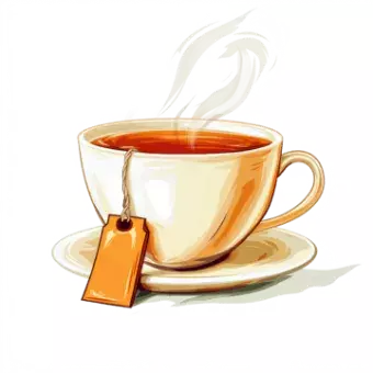 cream cup of tea with steam and a tea bag hanging outside on a saucer
