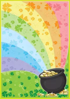Pot of gold with a rainbow and shamrocks.