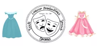 2 princess dresses, pink and blue, and lancer productions logo