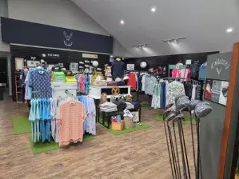 Merchandise in the pro shop. Includes golf clothing, golf clubs, and equipment. 