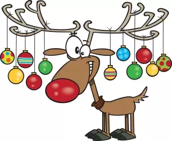 A reindeer decorated with Christmas ornaments.