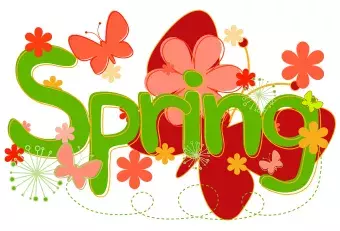 Spring wrote in green with flowers and butterflies around the word