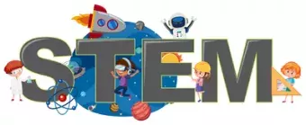 This is a picture that says STEM and has images of rockets, children, robots, planets 
