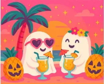 two ghosts on a beach with fruity drinks