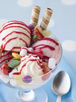 Photo of a an ice cream sundae and spoon.
