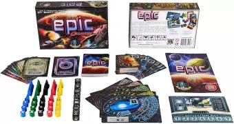 Tiny Epic Galaxies Space board game and its contents.