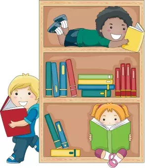 3 kids reading on or near a bookshelf full of books