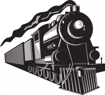 front of old train with steam. black and white