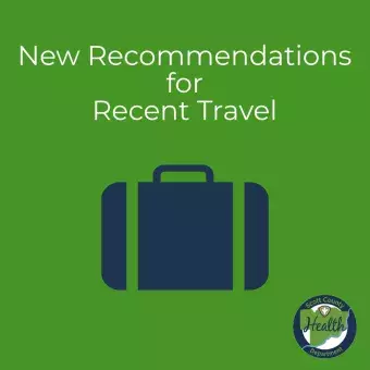 green graphic with "New Recommendations for Recent Travel" and blue suitcase