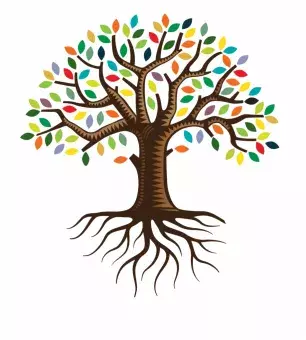 Tree with colorful leaves and roots extending