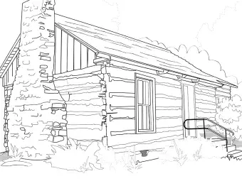 Outline drawing of a pioneer cabin.