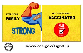 Keep your family strong, get your family vaccinated poster with superhero arm with bandaid from vaccine