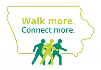 Logo for Walk More Connect More:  three figures walking across an outline of the state of Iowa