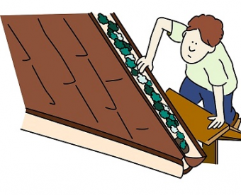 Guy on ladder cleaning gutters.