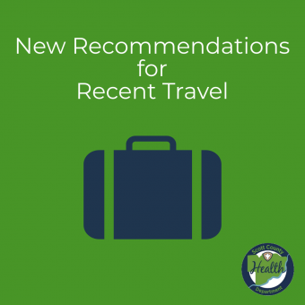 green graphic with "New Recommendations for Recent Travel" and blue suitcase