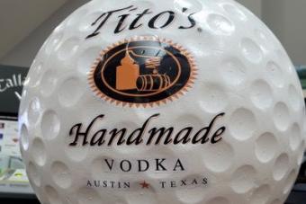 Large golf ball display advertising Tito's Vodka (which is sold in the clubhouse)