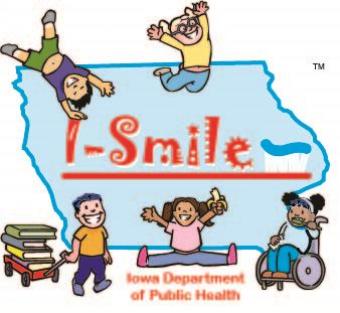 I-Smile toothbrush logo over the state of Iowa with happy children playing