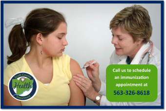 Photo with adolescent receiving a vaccine with the test "Call us to schedule an immunization at 563-326-8618