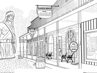 Outline drawing of village main street.