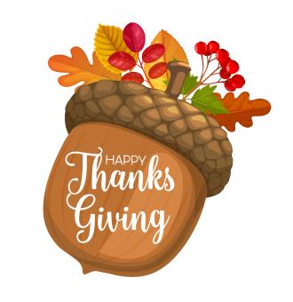 acorn with leaves and berries and the words happy thanksgiving