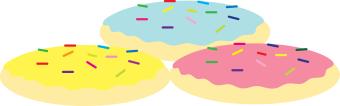 2 sugar cookies, blue yellow pink