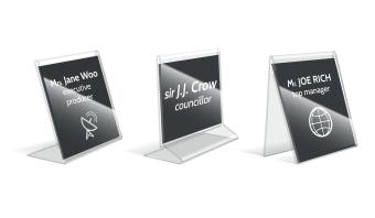 3 name tags in plastic holders