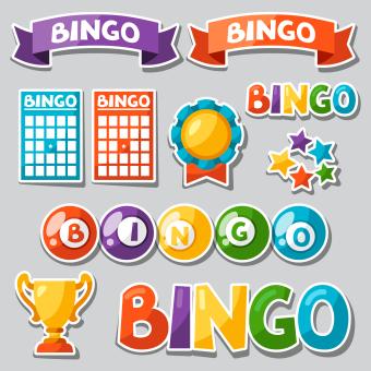 bingo cards, banners, trophies, stars and bingo wrote out