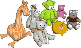 illustration of stuffed animals including giraffe, bear, rhino, and pig