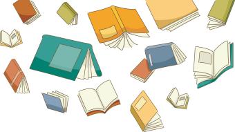 different colored books falling from the sky