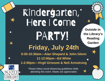 Chalkboard with "Kindergarten Here I Come Party" and other event information