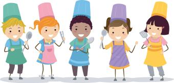 5 kids with aprons and chef hats
