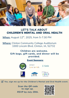 A group of adults and children sit in a circle talking. Text reads let's talk about children's mental and oral health.