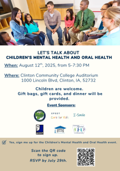 A group of adults and children sit in a circle talking. Text reads let's talk about children's mental health and oral health.