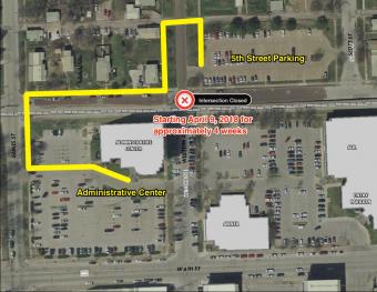 Map showing detour pedestrian route from 5th Street Parking lot to Admin Center.